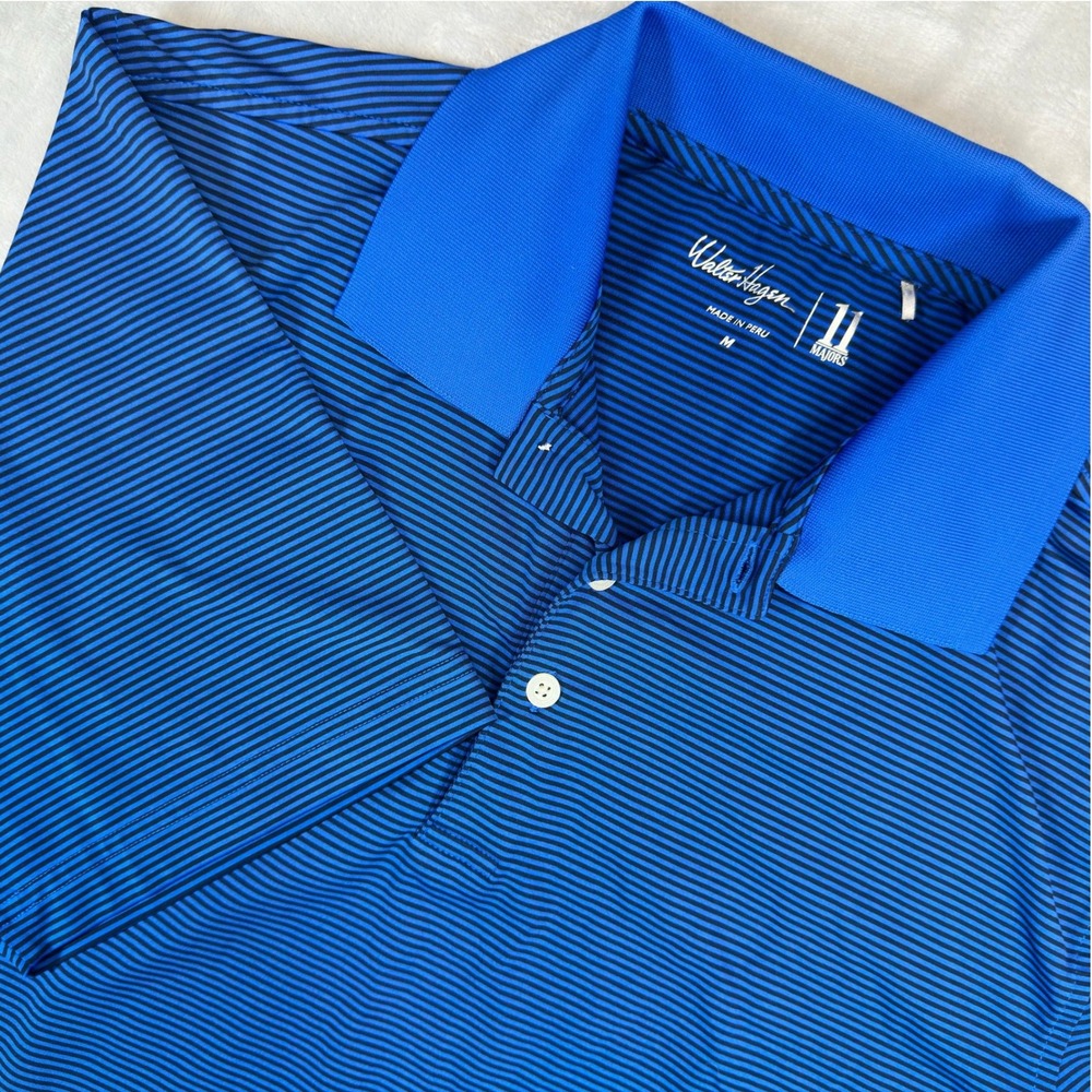 Walter Hagen Polo Mens M Blue Striped 11 Majors Performance Golf Shirt Short Slv